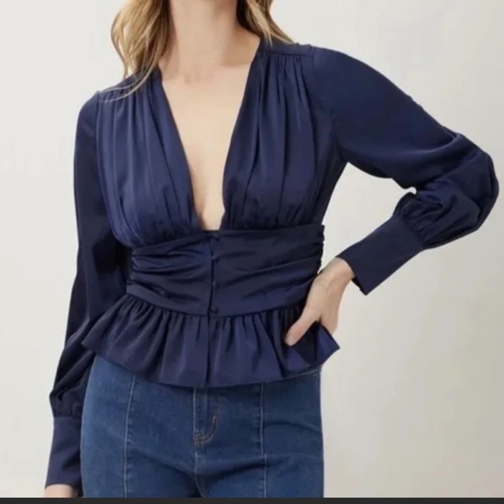 Jason Wu Navy Satin Peplum Top